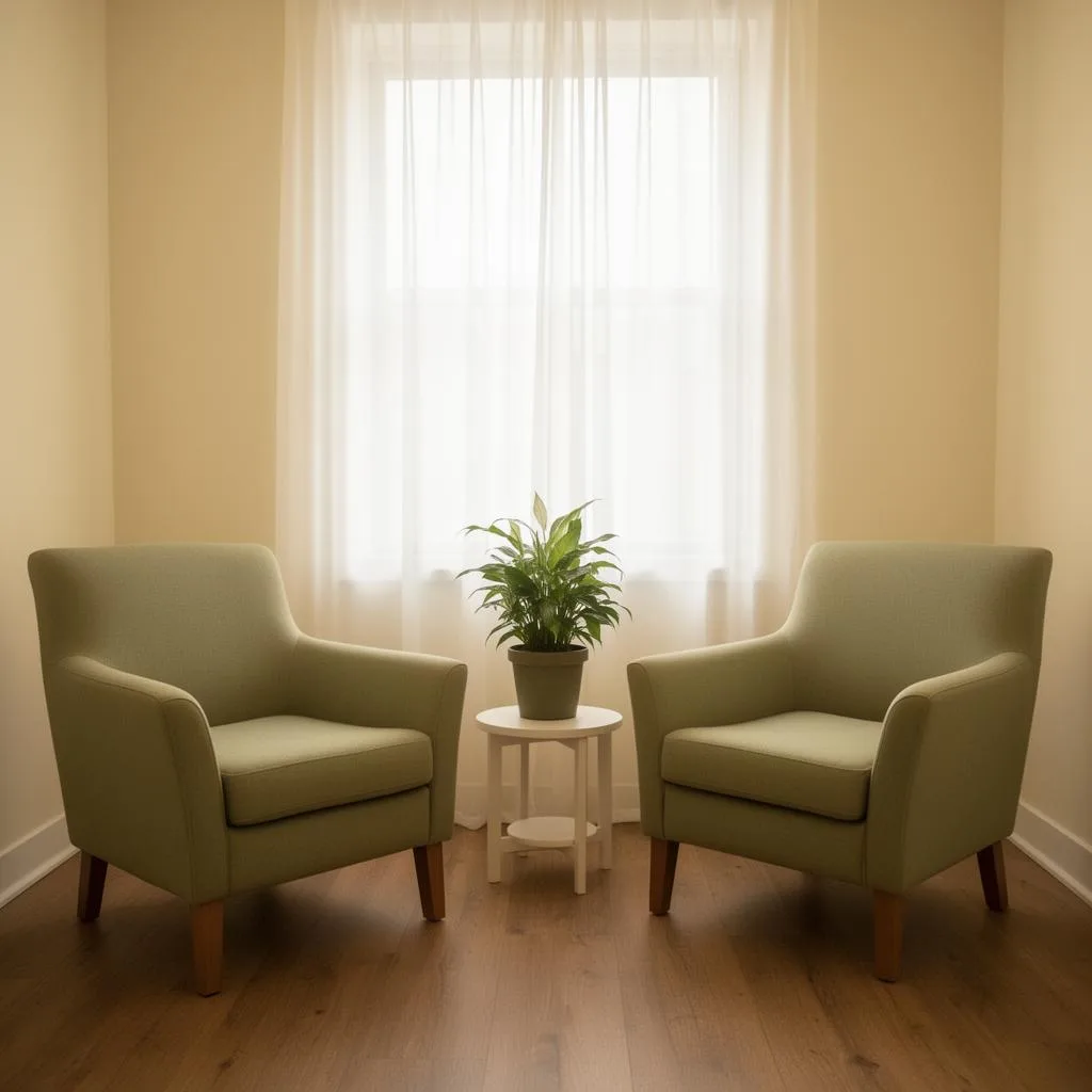 Two facing armchairs in a calm therapy office